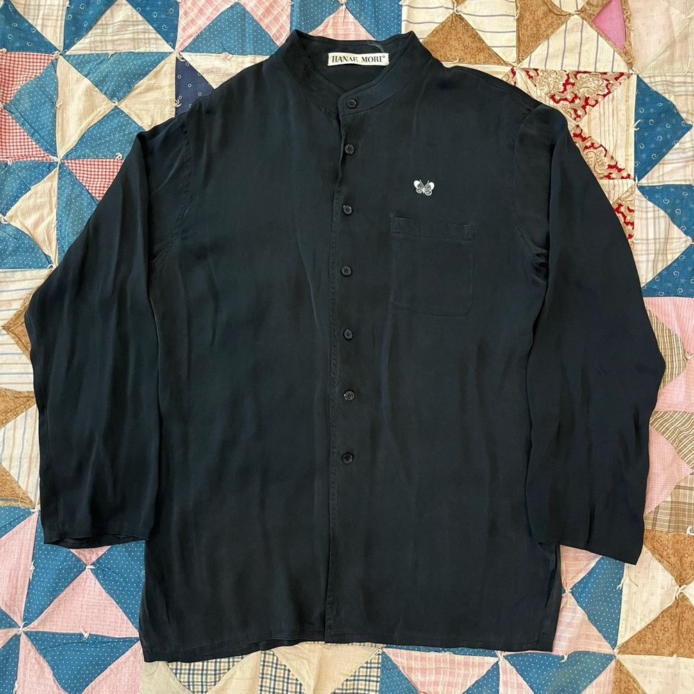Early 1980s Silk Long Sleeve Black Hanae Mori Button Up Dress Shirt